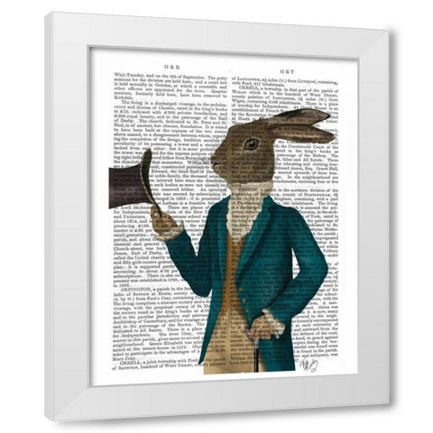 Hare In Turquoise Coat White Modern Wood Framed Art Print by Fab Funky
