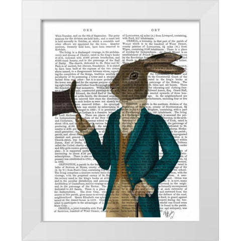 Hare In Turquoise Coat White Modern Wood Framed Art Print by Fab Funky
