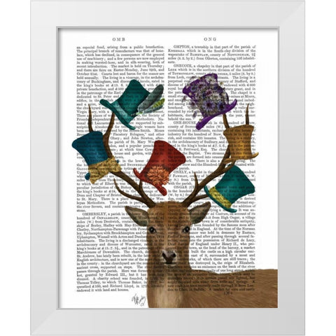 Hat Collector Deer White Modern Wood Framed Art Print by Fab Funky