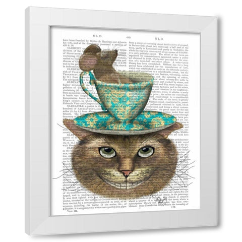 Cheshire Cat with Cup on Head White Modern Wood Framed Art Print by Fab Funky