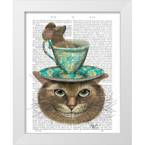 Cheshire Cat with Cup on Head White Modern Wood Framed Art Print by Fab Funky