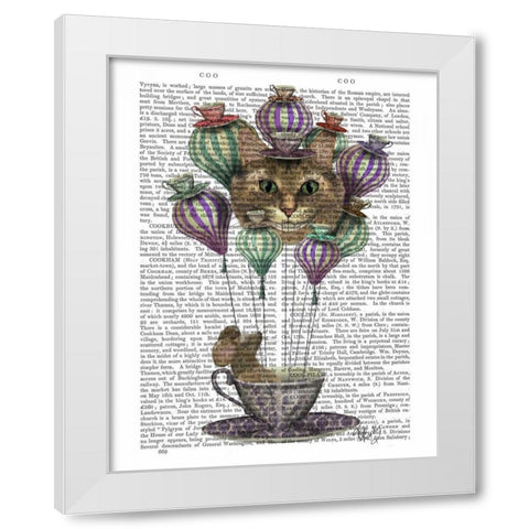 Cheshire Cat Hot Air Balloon White Modern Wood Framed Art Print by Fab Funky