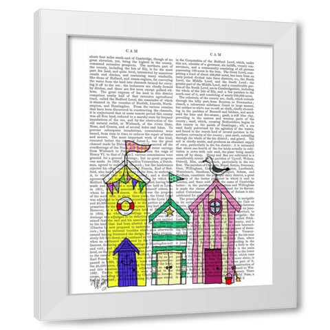 Beach Huts 1 Illustration White Modern Wood Framed Art Print by Fab Funky
