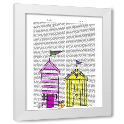 Beach Huts 3 Illustration White Modern Wood Framed Art Print by Fab Funky