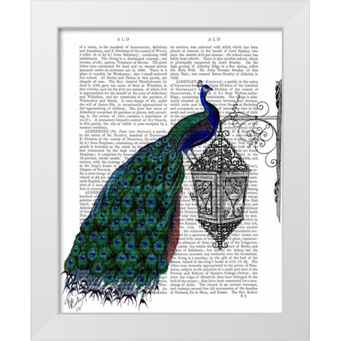 Peacock On Lamp White Modern Wood Framed Art Print by Fab Funky