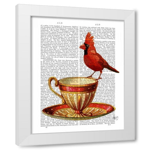Teacup And Red Cardinal White Modern Wood Framed Art Print by Fab Funky