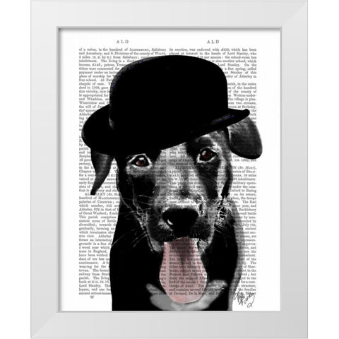 Black Labrador in Bowler Hat White Modern Wood Framed Art Print by Fab Funky