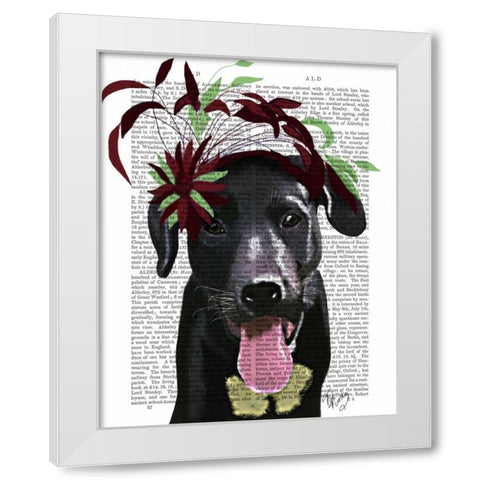 Black Labrador With Green Fascinator White Modern Wood Framed Art Print by Fab Funky