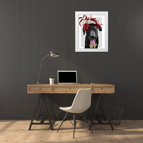 Black Labrador With Red Fascinator White Modern Wood Framed Art Print by Fab Funky