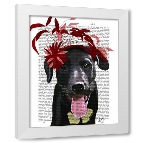 Black Labrador With Red Fascinator White Modern Wood Framed Art Print by Fab Funky