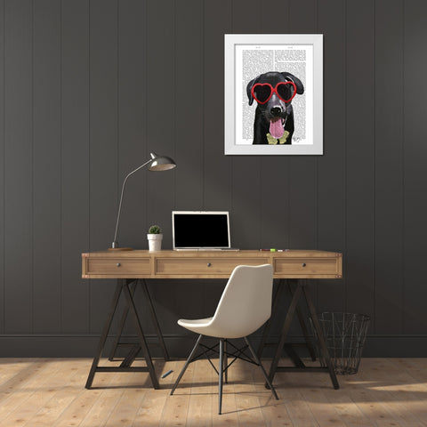 Black Labrador With Heart Sunglasses White Modern Wood Framed Art Print by Fab Funky
