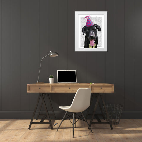 Black Labrador With Party Hat White Modern Wood Framed Art Print by Fab Funky