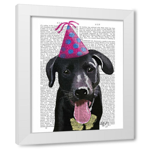 Black Labrador With Party Hat White Modern Wood Framed Art Print by Fab Funky