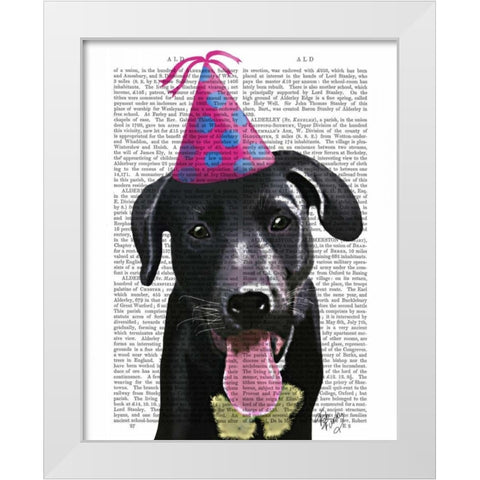Black Labrador With Party Hat White Modern Wood Framed Art Print by Fab Funky