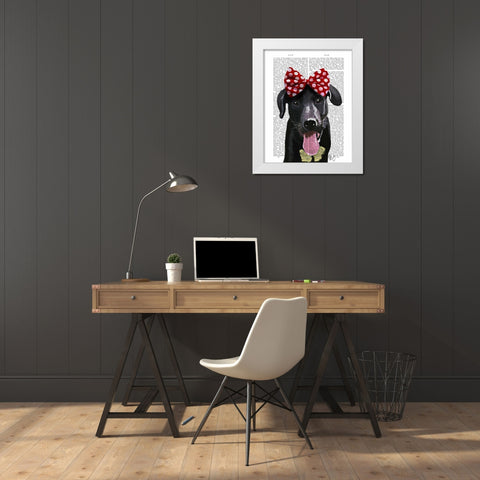 Black Labrador With Red Bow On Head White Modern Wood Framed Art Print by Fab Funky