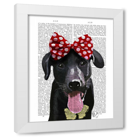 Black Labrador With Red Bow On Head White Modern Wood Framed Art Print by Fab Funky