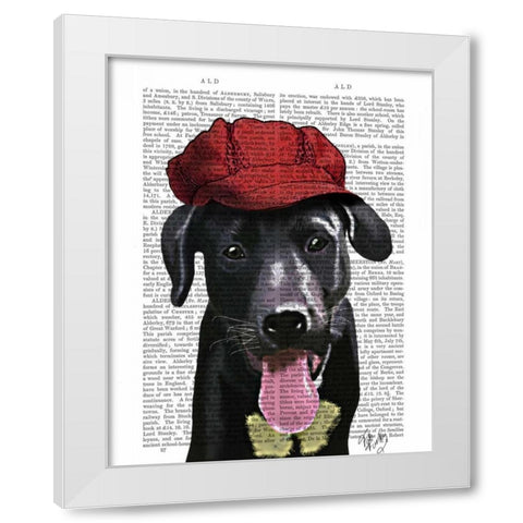 Black Labrador With Red Cap White Modern Wood Framed Art Print by Fab Funky