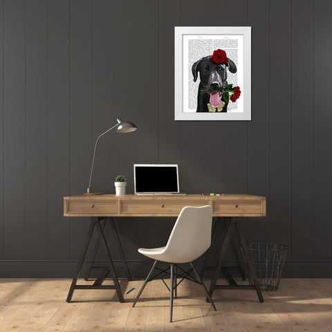 Black Labrador with Roses White Modern Wood Framed Art Print by Fab Funky