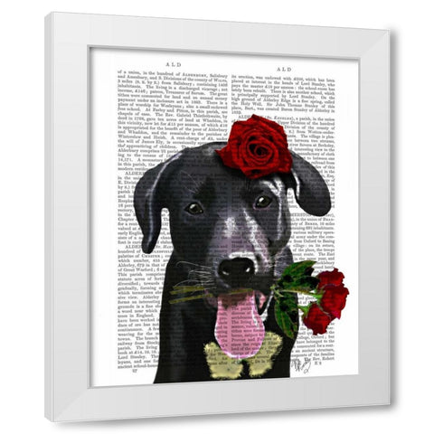 Black Labrador with Roses White Modern Wood Framed Art Print by Fab Funky