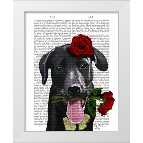 Black Labrador with Roses White Modern Wood Framed Art Print by Fab Funky