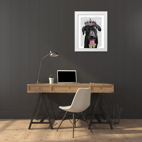 Black Labrador With Tiara White Modern Wood Framed Art Print by Fab Funky