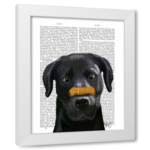 Black Labrador With Bone on Nose White Modern Wood Framed Art Print by Fab Funky