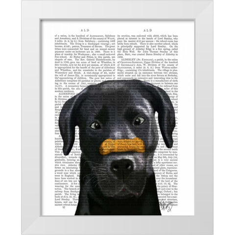 Black Labrador With Bone on Nose White Modern Wood Framed Art Print by Fab Funky