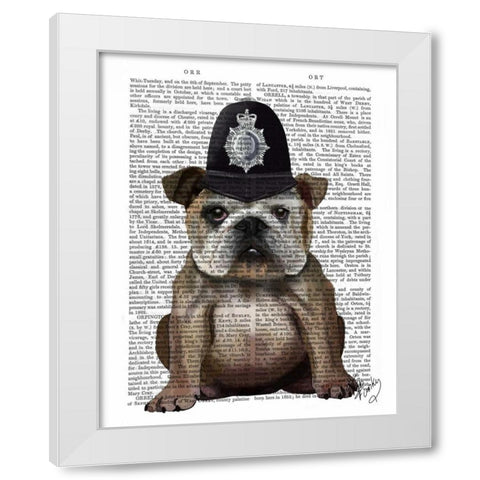 Bulldog Policeman White Modern Wood Framed Art Print by Fab Funky