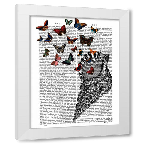 Conch Shell and Butterflies White Modern Wood Framed Art Print by Fab Funky