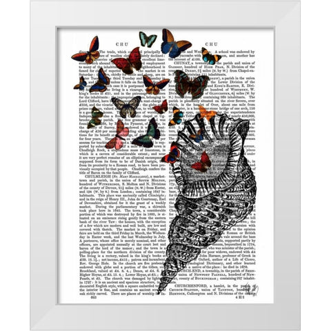 Conch Shell and Butterflies White Modern Wood Framed Art Print by Fab Funky