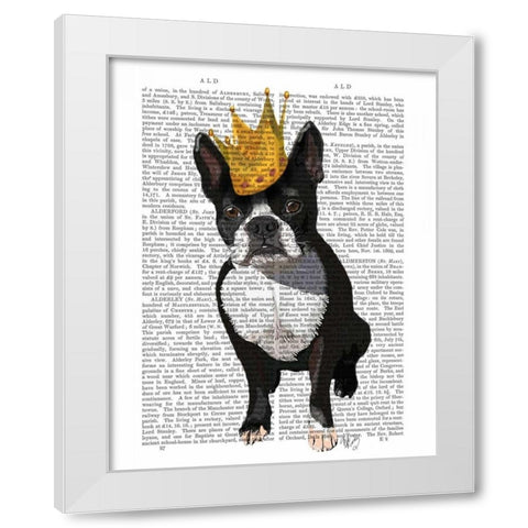 Boston Terrier And Crown White Modern Wood Framed Art Print by Fab Funky