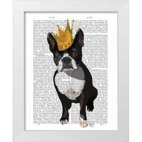 Boston Terrier And Crown White Modern Wood Framed Art Print by Fab Funky