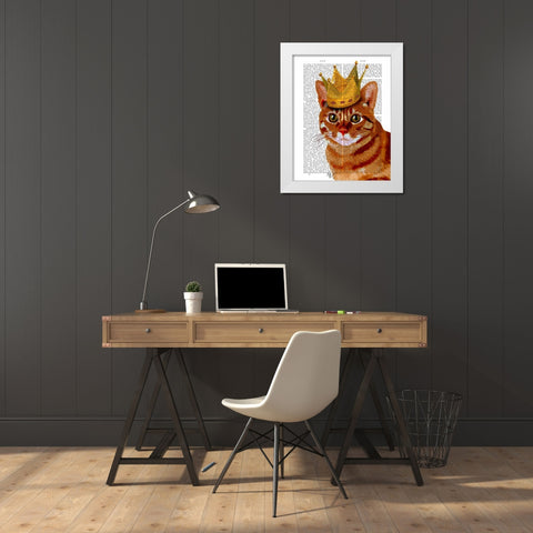 Ginger Cat with Crown Portrai White Modern Wood Framed Art Print by Fab Funky