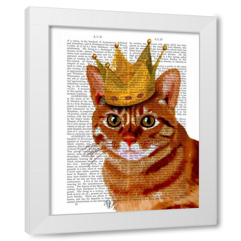 Ginger Cat with Crown Portrai White Modern Wood Framed Art Print by Fab Funky