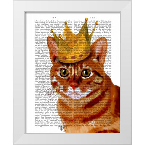 Ginger Cat with Crown Portrai White Modern Wood Framed Art Print by Fab Funky