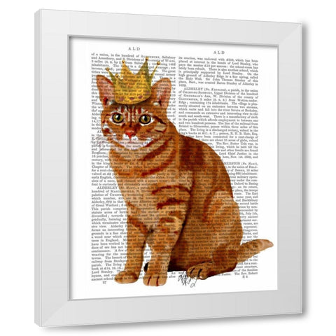 Ginger Cat with Crown Full White Modern Wood Framed Art Print by Fab Funky