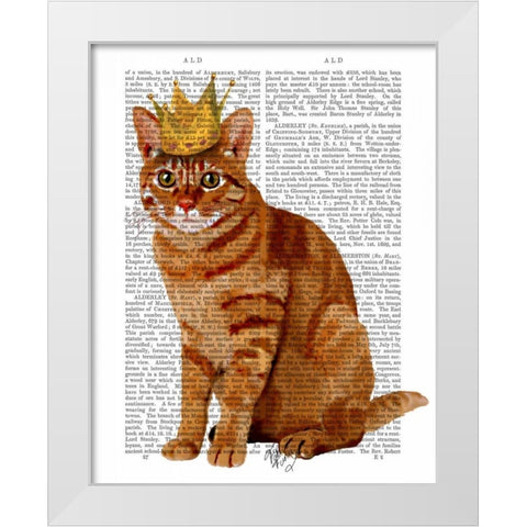 Ginger Cat with Crown Full White Modern Wood Framed Art Print by Fab Funky