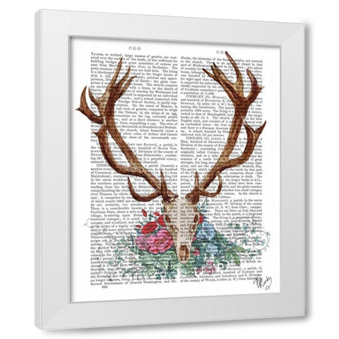 Deer Skull With Flowers 1 White Modern Wood Framed Art Print by Fab Funky