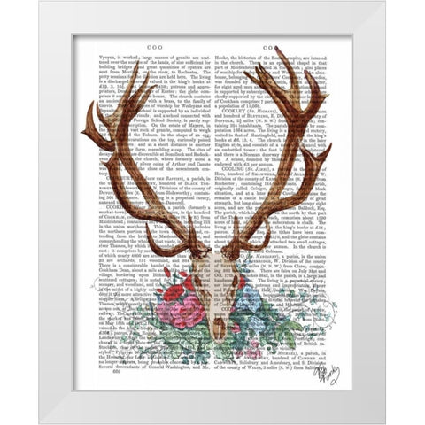 Deer Skull With Flowers 1 White Modern Wood Framed Art Print by Fab Funky