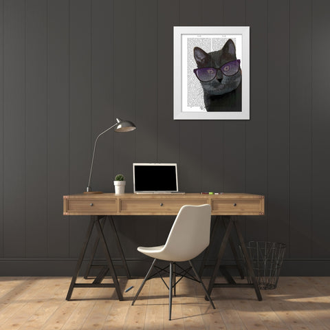 Black Cat with Sunglasses White Modern Wood Framed Art Print by Fab Funky
