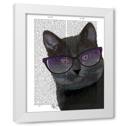 Black Cat with Sunglasses White Modern Wood Framed Art Print by Fab Funky