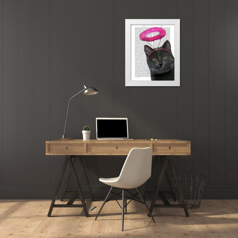 Black Cat With Pink Angel Halo White Modern Wood Framed Art Print by Fab Funky