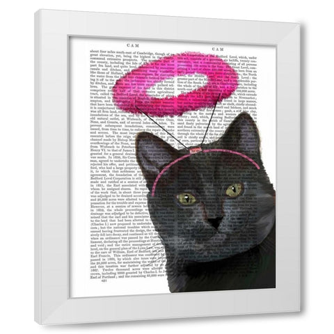 Black Cat With Pink Angel Halo White Modern Wood Framed Art Print by Fab Funky