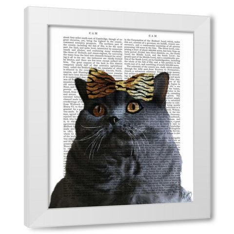 Grey Cat with Leopard Bow White Modern Wood Framed Art Print by Fab Funky