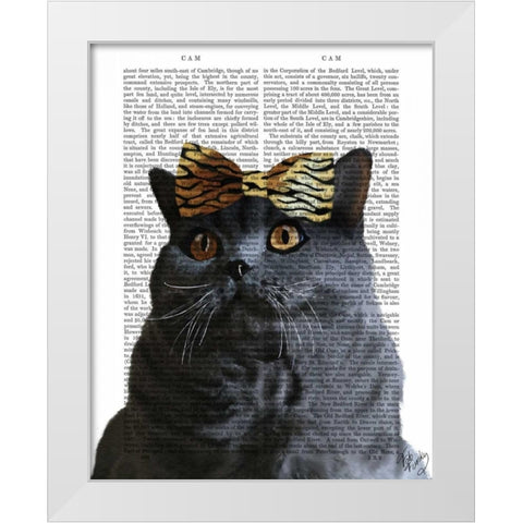 Grey Cat with Leopard Bow White Modern Wood Framed Art Print by Fab Funky