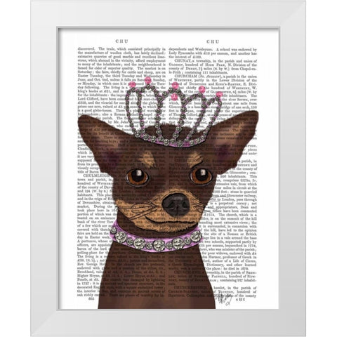 Brown Chihuahua And Tiara White Modern Wood Framed Art Print by Fab Funky