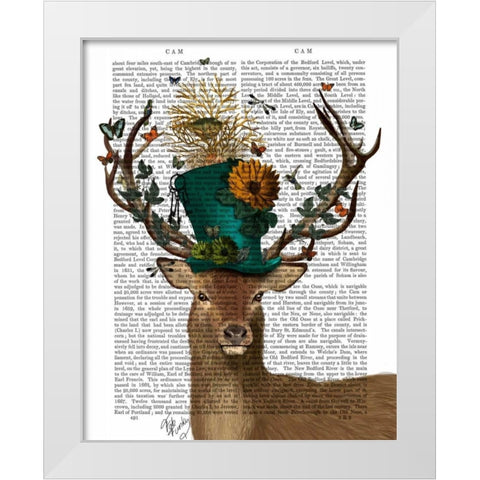 Mad Hatter Deer White Modern Wood Framed Art Print by Fab Funky