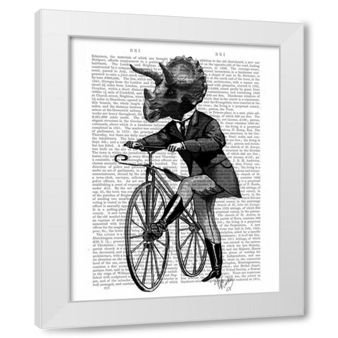 Triceratops Man on Bike Dinosaur White Modern Wood Framed Art Print by Fab Funky