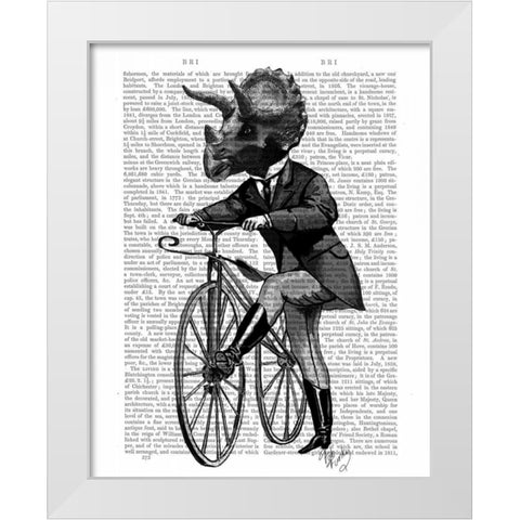 Triceratops Man on Bike Dinosaur White Modern Wood Framed Art Print by Fab Funky