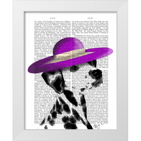 Dalmatian With Purple Wide Brimmed Hat White Modern Wood Framed Art Print by Fab Funky